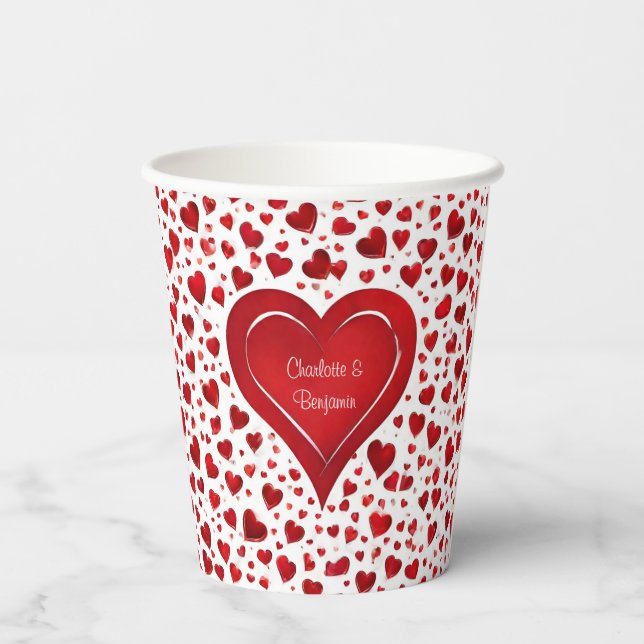 Gobelets En Papier Red Love Heart Motif Valentine Nom (Verso)
