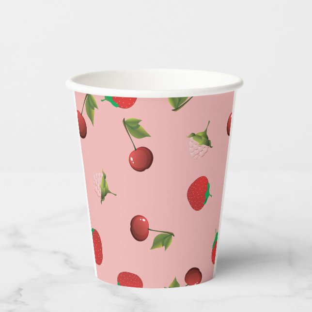 Gobelets En Papier Red Strawberry and Cherry Pattern Pink Fruit (Recto)