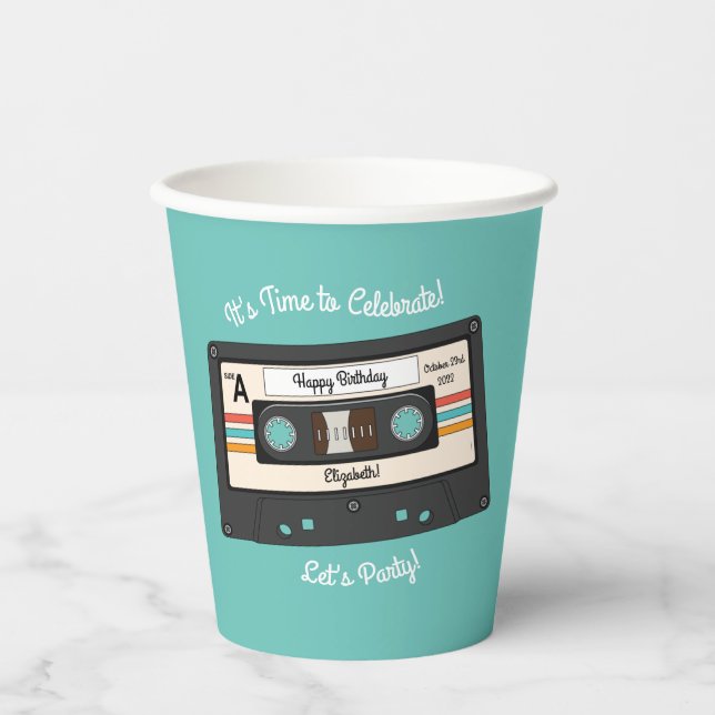 Gobelets En Papier Retro 80's 90's Cassette Musique Anniversaire (Recto)