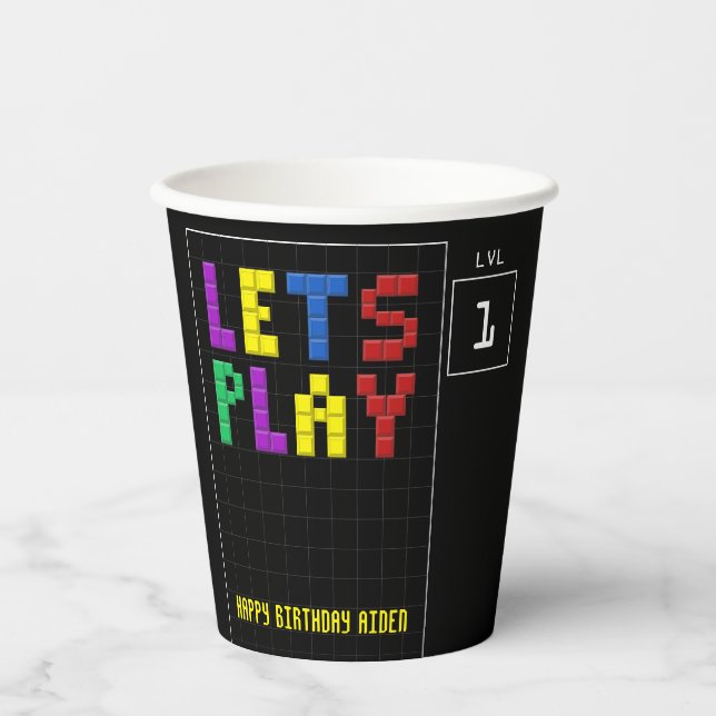 Gobelets En Papier Retro Arcade Game Kids 1er anniversaire fête Noir (Recto)