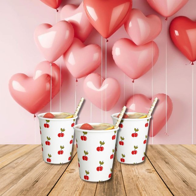 Gobelets En Papier Retro Cherry Berry 1er anniversaire Rouge et vert (Créateur téléchargé)