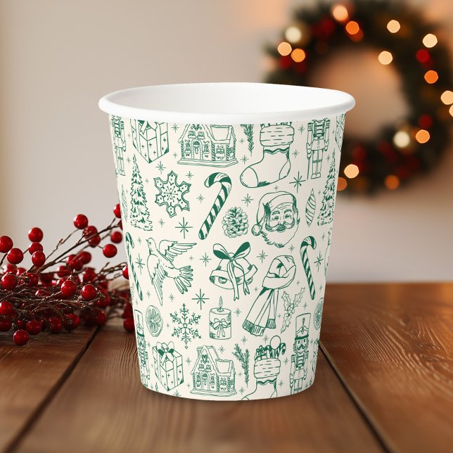 Gobelets En Papier Retro Green Christmas Doodle (Créateur téléchargé)