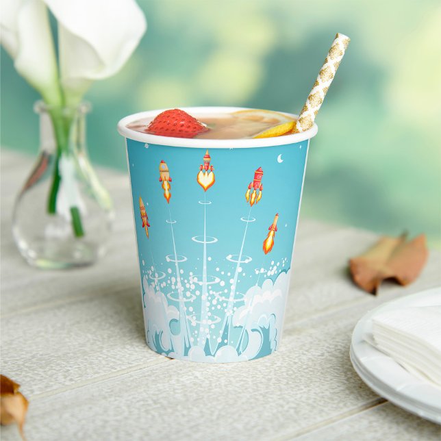 Gobelets En Papier Retro Rocket Navire Lancement d'Art Spatial Futuri (Créateur téléchargé)