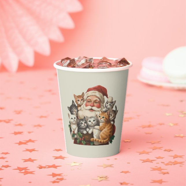 Gobelets En Papier Retro Santa Claus & Kittens Christmas Winter 90s  (Insitu)