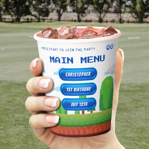 Gobelets En Papier Retro Video Game Menu 1ère fête d'anniversaire