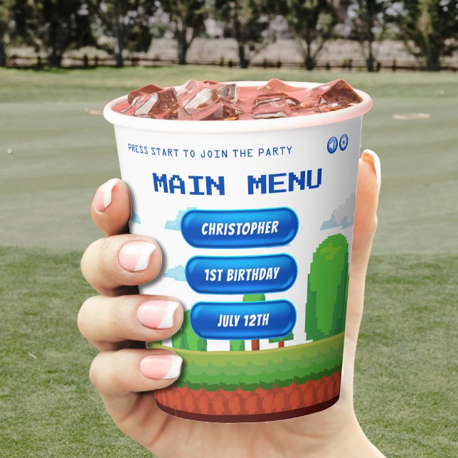 Gobelets En Papier Retro Video Game Menu 1ère fête d'anniversaire (Créateur téléchargé)