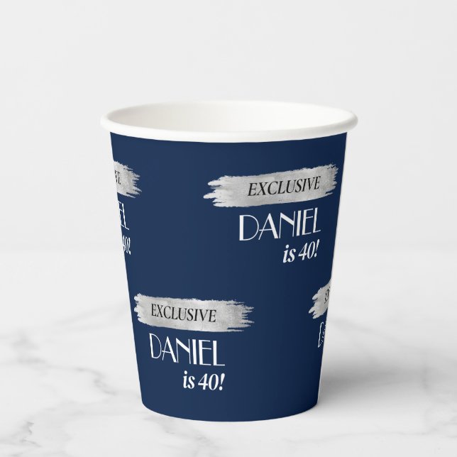 Gobelets En Papier Revue d'anniversaire moderne Couverture bleu argen (Verso)