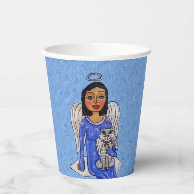 Gobelets En Papier Robe Bleue Angel tenant Blanc Ange Chat sur Nuage (Recto)