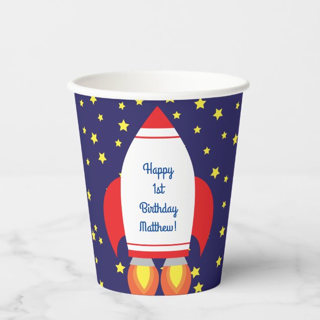 Gobelets En Papier Rocketship Outer Space mignon Enfant Anniversaire (Recto)