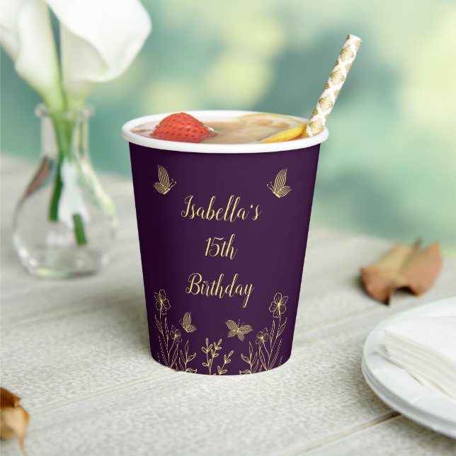 Gobelets En Papier Romantique élégante fleur d'or violet (Insitu)