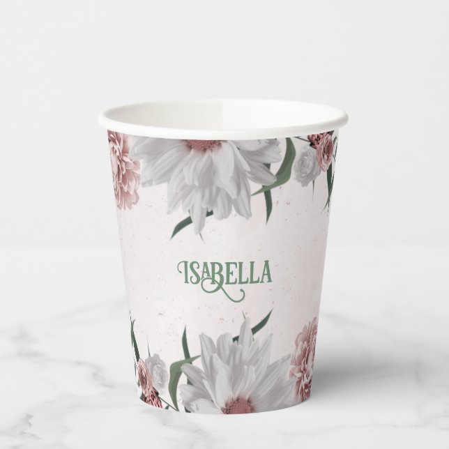 Gobelets En Papier rose, blanc & cannelle fleurs roses fête verdure (Gauche)