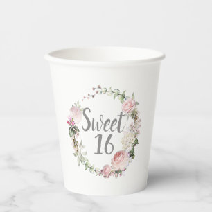 Gobelets En Papier Rose Blanc Floral Wreath Sweet 16 tasses de papier
