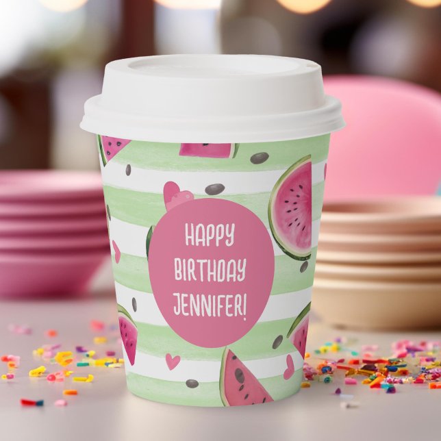 Gobelets En Papier Rose dans un melon, Fille été 1er anniversaire (pink watermelon, girl summer birthday paper cups.)