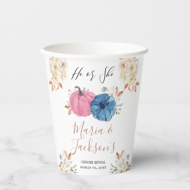 Gobelets En Papier Rose et bleu Citrouille Floral Genre Révéler Blanc (Recto)