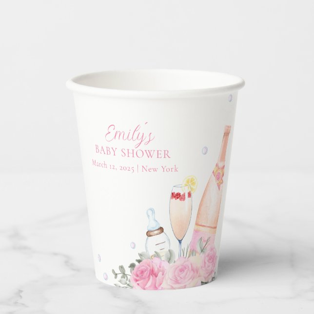 Gobelets En Papier Rose Fleur Poppin Champagne Bouteilles Baby shower (Recto)