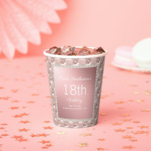 Gobelets En Papier Rose Gold Élégant Rose et Perles 18e Anniversaire