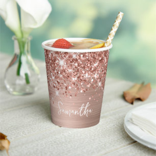Gobelets En Papier Rose Gold Pailleté Brillante Nom Glam