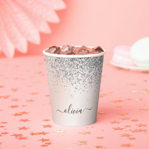 Gobelets En Papier Rose Gold - Rose Pâle et Paillettes Argentées Mono