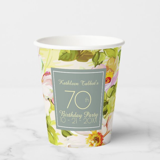 Gobelets En Papier Rose Peonies 70e anniversaire de la coupe de papie (Recto)