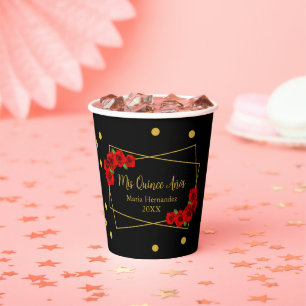 Gobelets En Papier Rose rouge Noir et or Quinceañera