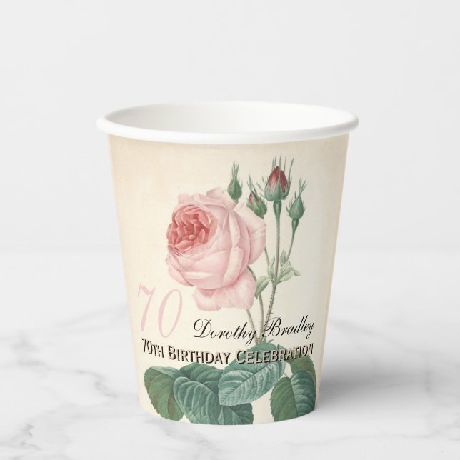 Gobelets En Papier Rose vintage 70e anniversaire Célébration coupe pa (Recto)
