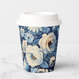 Gobelets En Papier Roses blanches sur Indigo Arrière - plan bleu