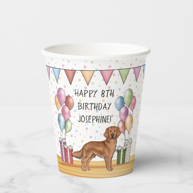 Gobelets En Papier Rouge Golden Retriever Coloré Pastel Anniversaire (Recto)