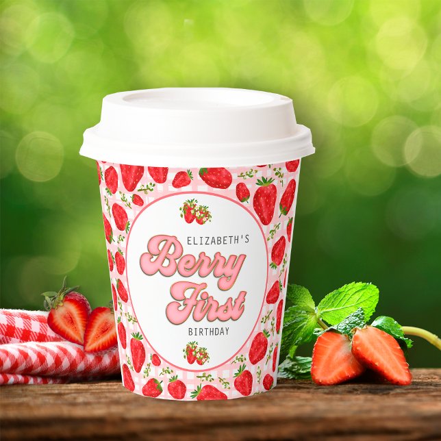 Gobelets En Papier Rouge Rustique Motif Fraise Fille Baie Premier (Créateur téléchargé)