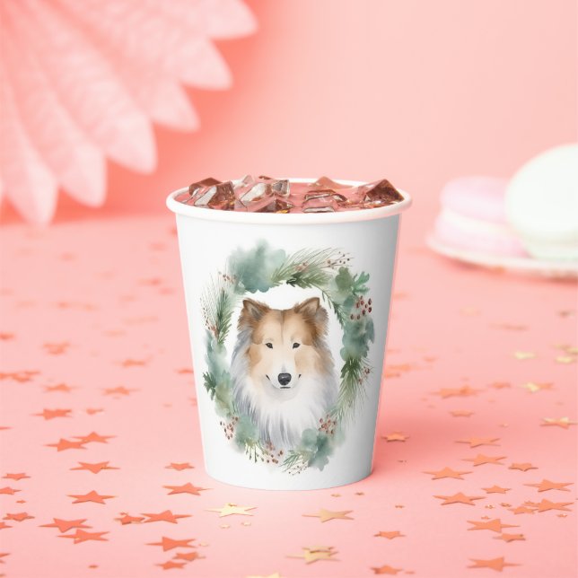 Gobelets En Papier Rough Collie Christmas Wreath Festive Pup (Insitu)