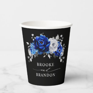 Gobelets En Papier Royal Bleu Blanc Argent Métallique Mariage Floral 