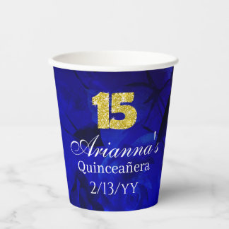 Gobelets En Papier Royal Blue, Gold 15 and Tiara Quinceanera
