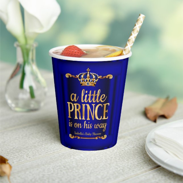 Gobelets En Papier Royal Blue Gold Prince sur son chemin Baby shower (Insitu)