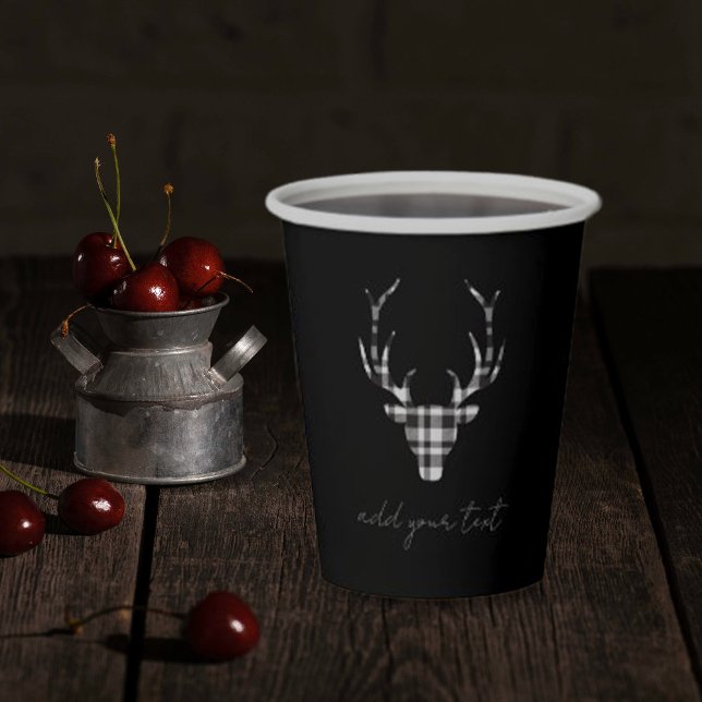 Gobelets En Papier Rustic Elegant Christmas Plaid Deer (chic black paper cup for christmas party. black plaid deer design)