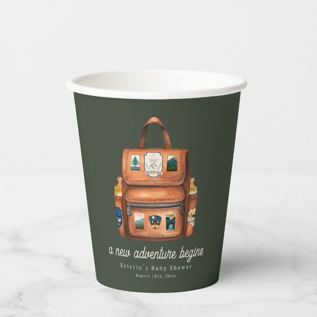 Gobelets En Papier Sac à dos Aventure + Bouteilles Baby shower vert (Recto)