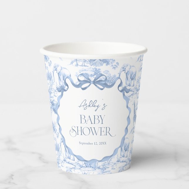 Gobelets En Papier Safari Animaux Toile Bleue de Jouy Baby shower (Recto)