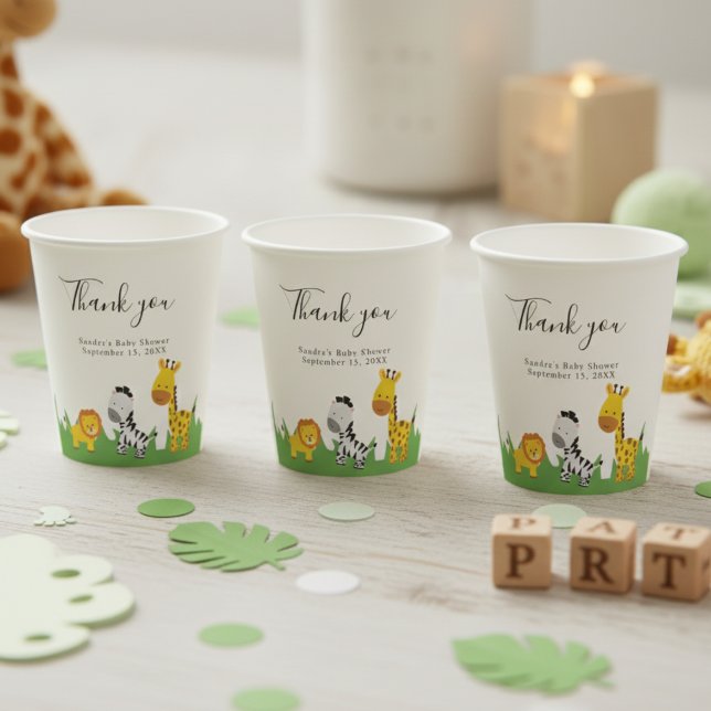 Gobelets En Papier Safari Baby shower mignon Jungle Animaux Neutres (Créateur téléchargé)