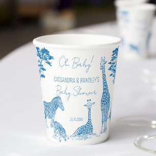 Gobelets En Papier Safari bleu toile girafe baby shower monogrammé