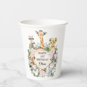 Gobelets En Papier Safari Floral Rose Animaux sauvages Joyeux Anniver