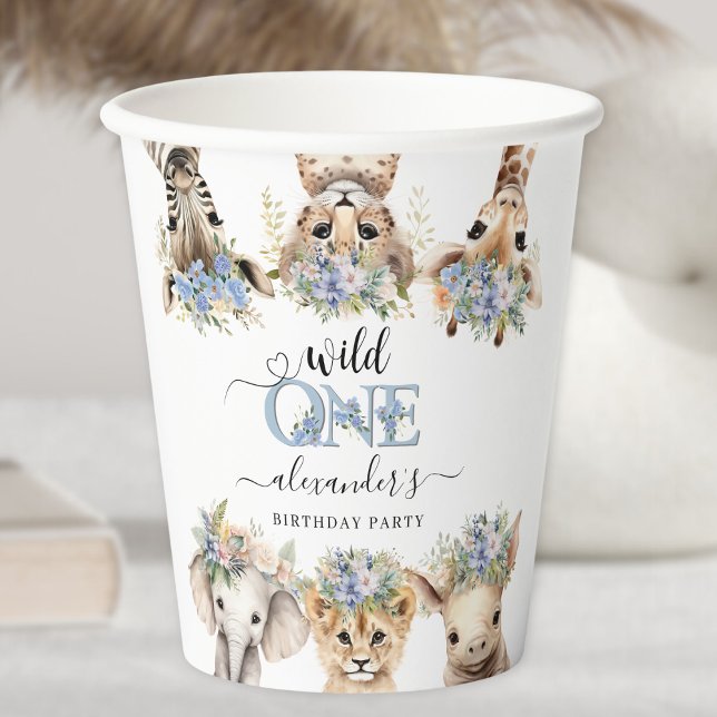 Gobelets En Papier Safari Jungle Cute Blue Boy 1er anniversaire (Créateur téléchargé)
