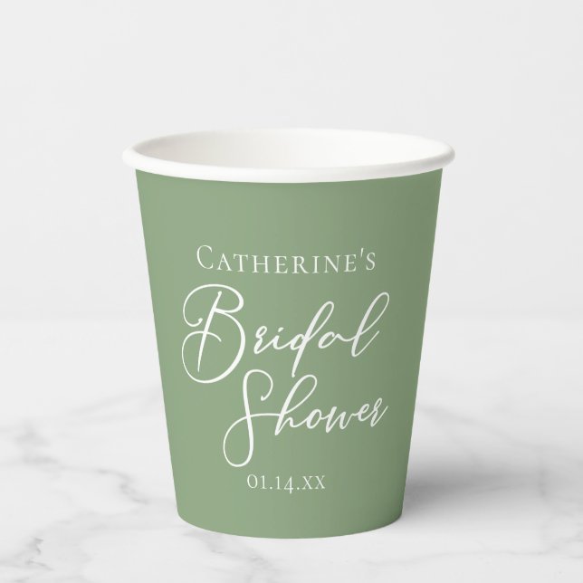 Gobelets En Papier Sage Green Bridal Shower Personalized White Script (Recto)