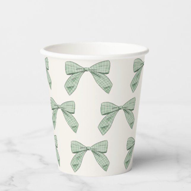 Gobelets En Papier Sage Green Plaid Bow Élégant Baby shower garçon (Recto)