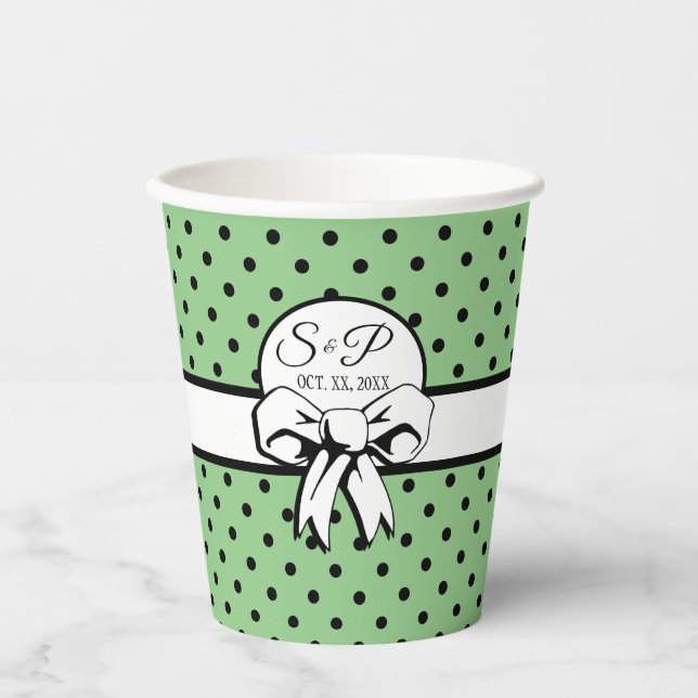 Gobelets En Papier Sage Green Polka Noir Pot Blanc Bow Personnalisé (Recto)
