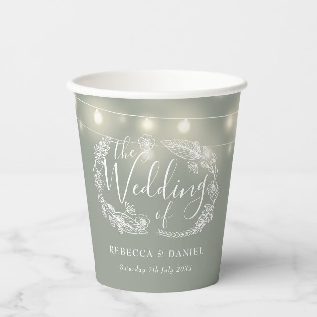 Gobelets En Papier Sage Green String éclaire le Mariage floral (Recto)