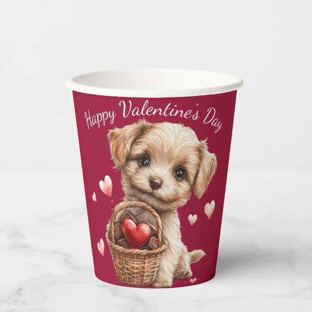 Gobelets En Papier Saint Valentin Puppy Basket Red Heart Candy (Recto)