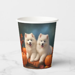 Gobelets En Papier Samoyed Chiot Automne Citrouille de plaisir