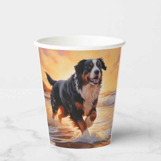 Gobelets En Papier Sandy Paws Bernese Mountain Dog on Beach Sunset (Recto)