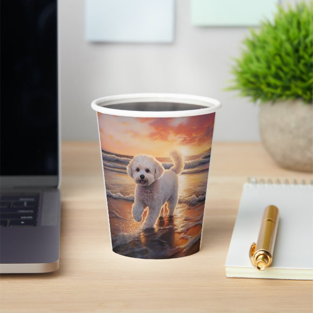 Gobelets En Papier Sandy Paws Bichon Frise Dog sur Beach Sunset (Insitu)