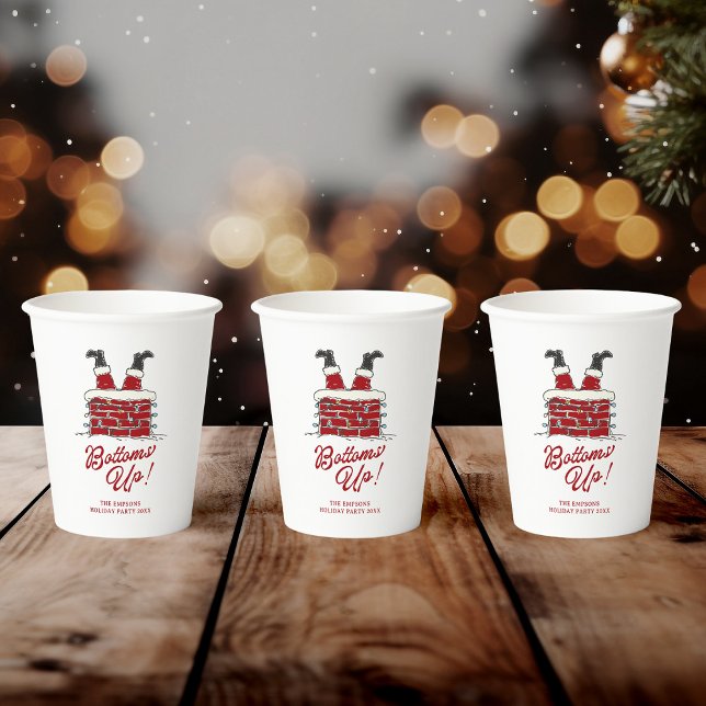 Gobelets En Papier Santa Bottoms Up Funny Christmas Party Drinkware (Paper party cup with Santa upside-down in a brick chimney, "Bottoms Up" in red script)