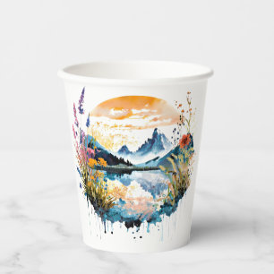 Gobelets En Papier Scène de montagne à l'aquarelle