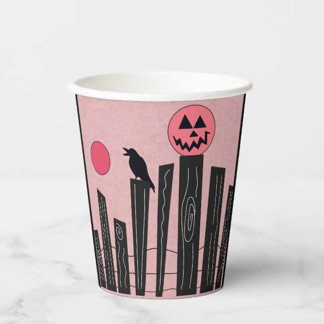 Gobelets En Papier Scène d'Halloween avec tasses de papier rose (Recto)